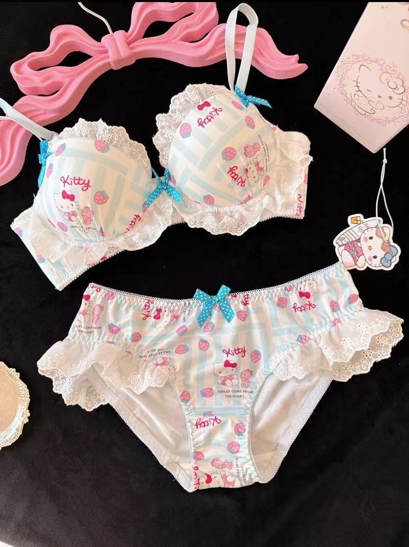 Hello kitty Lace Trim Cotton Underwire Bra Panties Lingerie Set