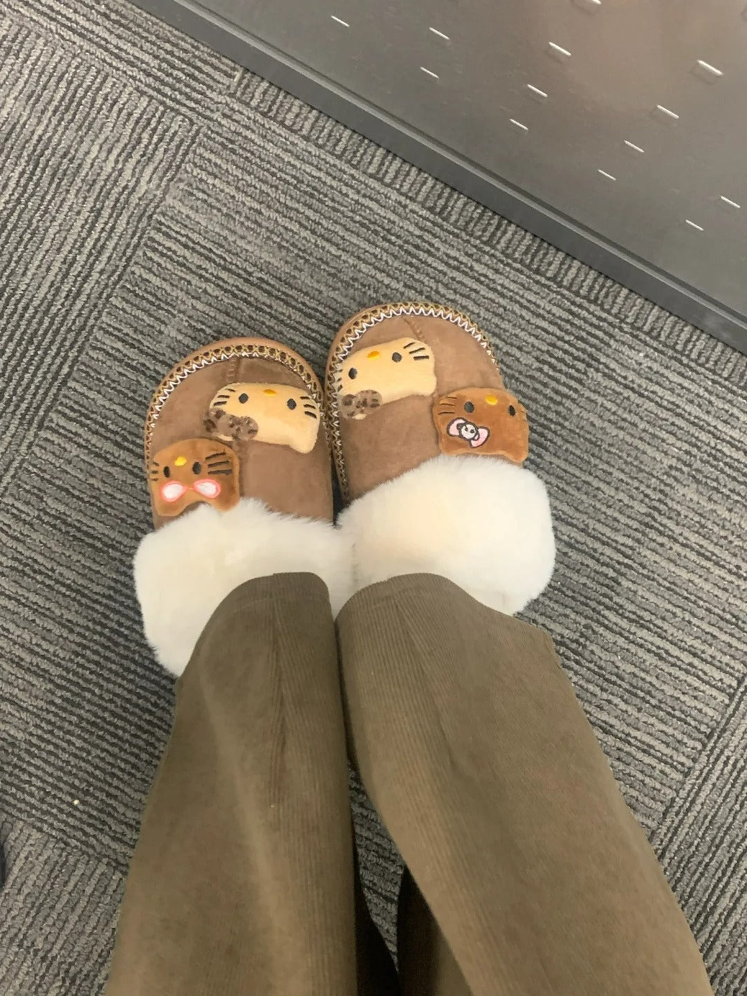 Hello Kitty Fuzzy Brown Slippers Winter House Shoes