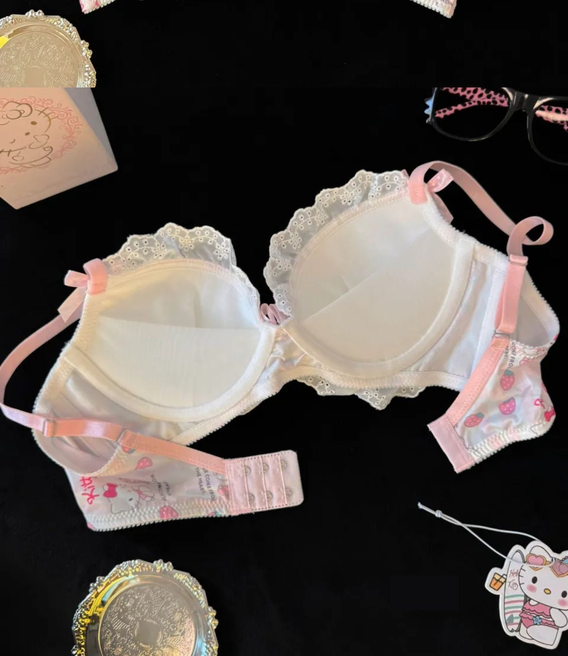 Hello kitty Lace Trim Cotton Underwire Bra Panties Lingerie Set