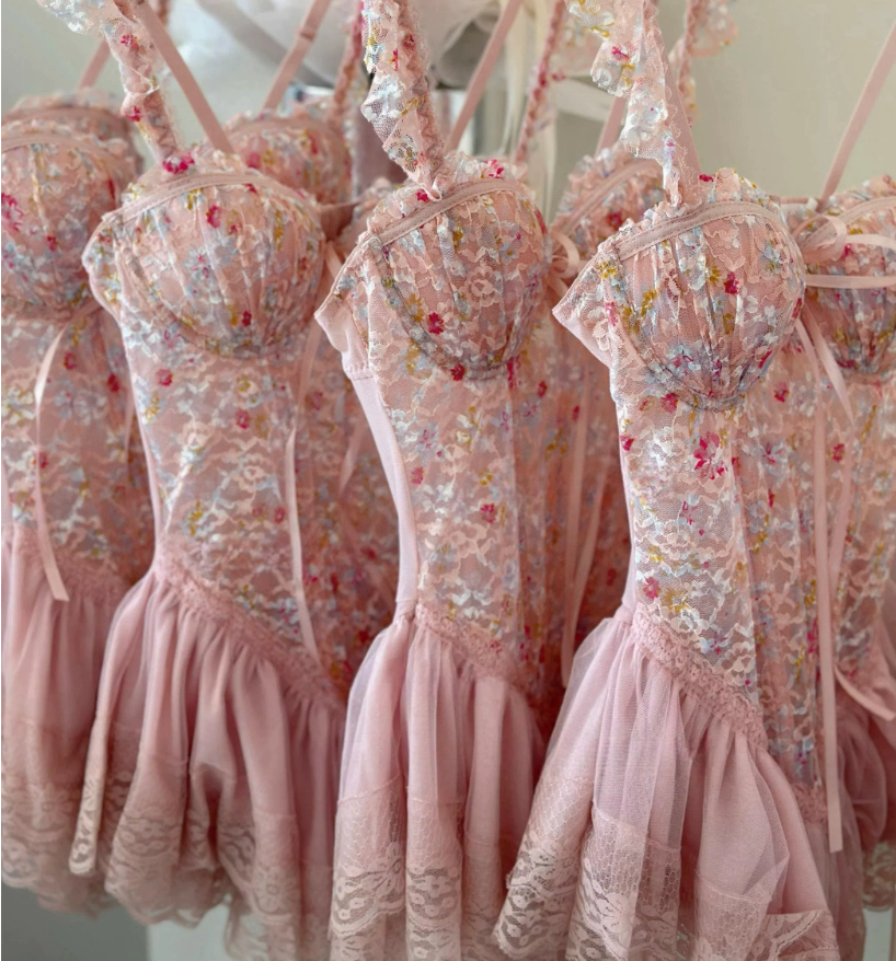 Pink spaghetti strap mini dress with bra pads + underwear