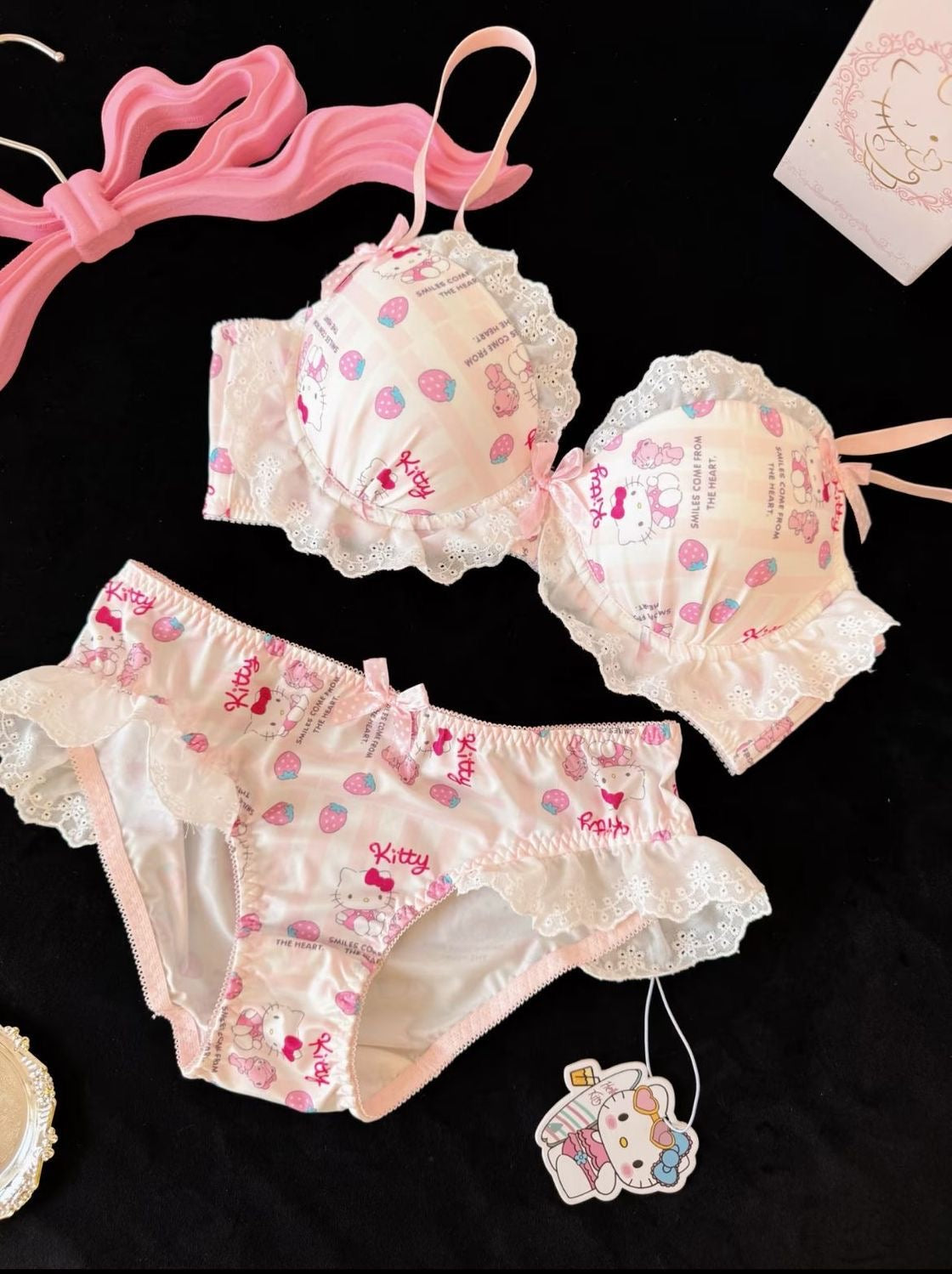 Hello kitty Lace Trim Cotton Underwire Bra Panties Lingerie Set