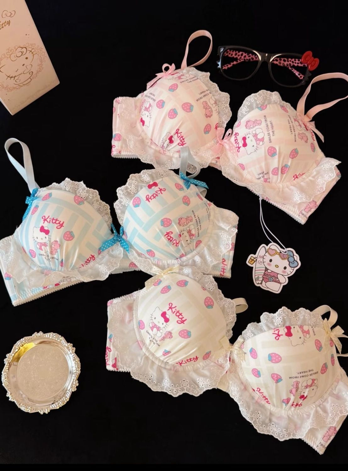 Hello kitty Lace Trim Cotton Underwire Bra Panties Lingerie Set