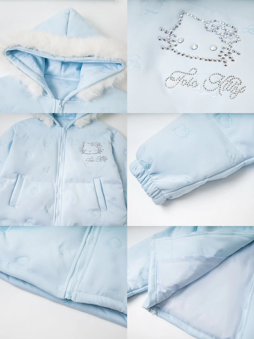 Hellokitty Winter Long Sleeve Zip Hooded Puffer Jacket Pockets Baggy Short Down Coat(Detachable hat fringe)