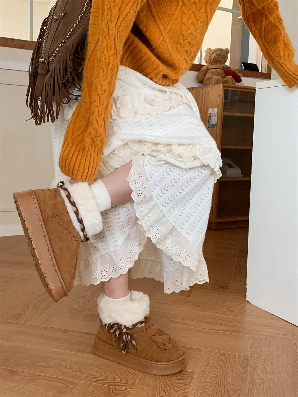 Hello Kitty Winter Snow Boots Cute Lace Up Fluffy Boots