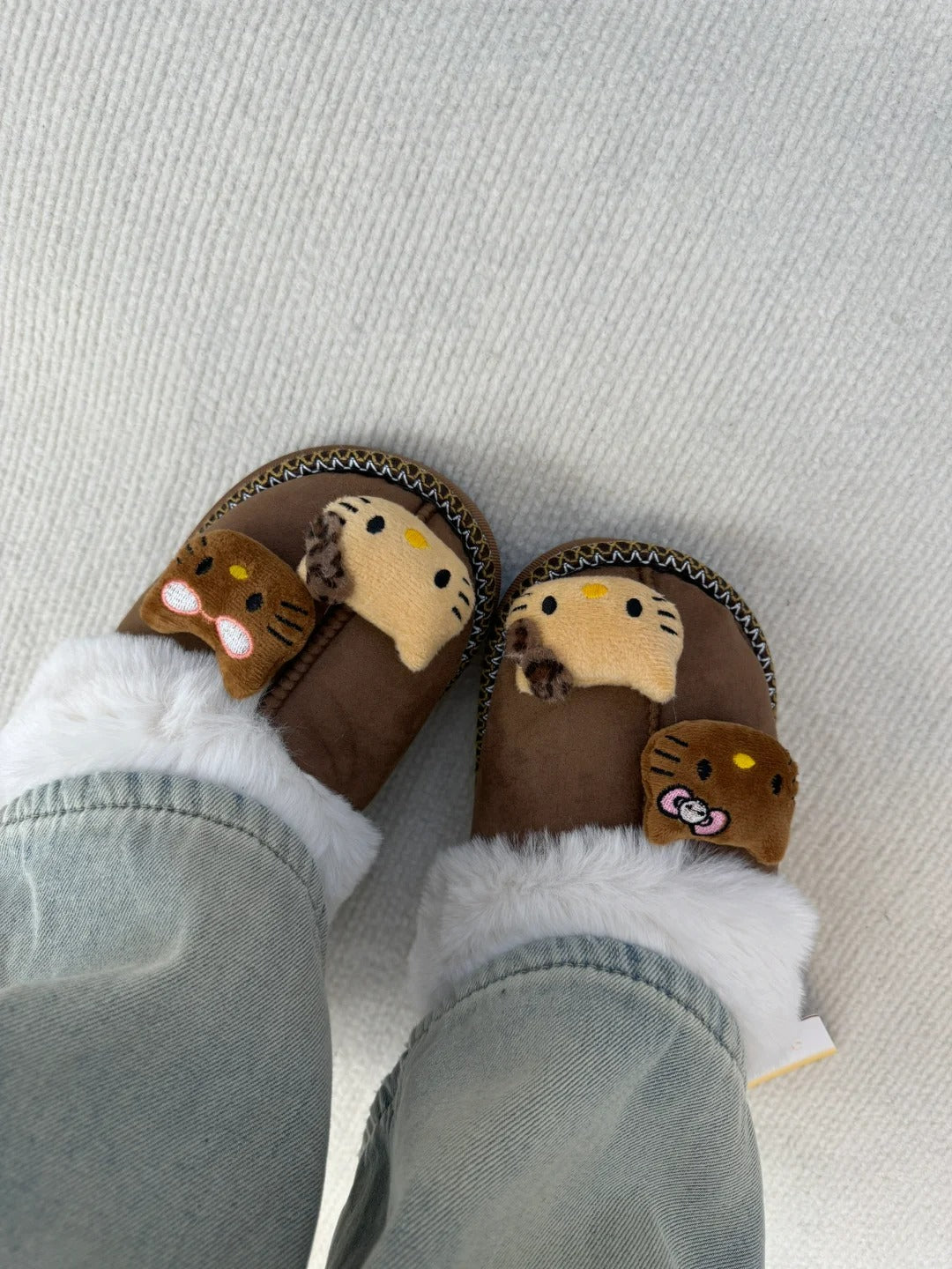 Hello Kitty Fuzzy Brown Slippers Winter House Shoes