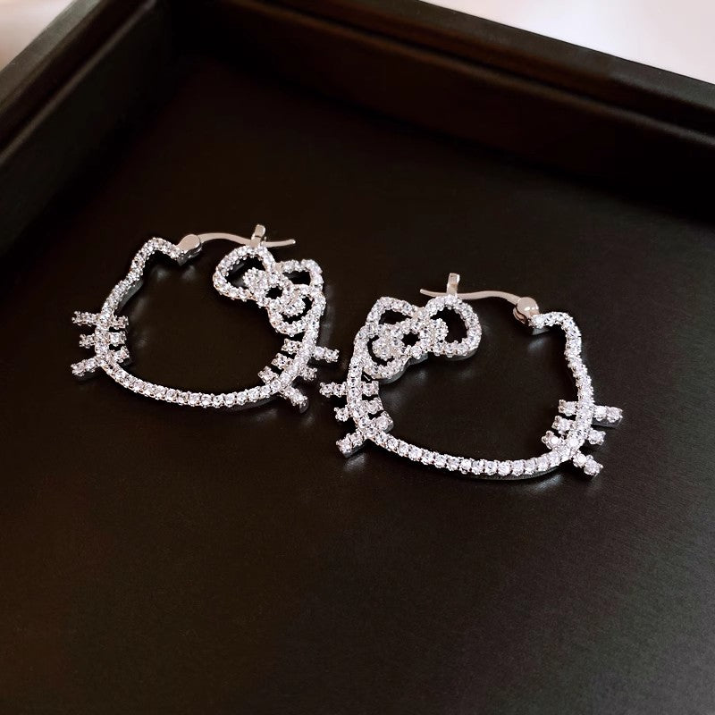 Hello Kitty Head Earrings Zirconia Hollow Cat Earrings