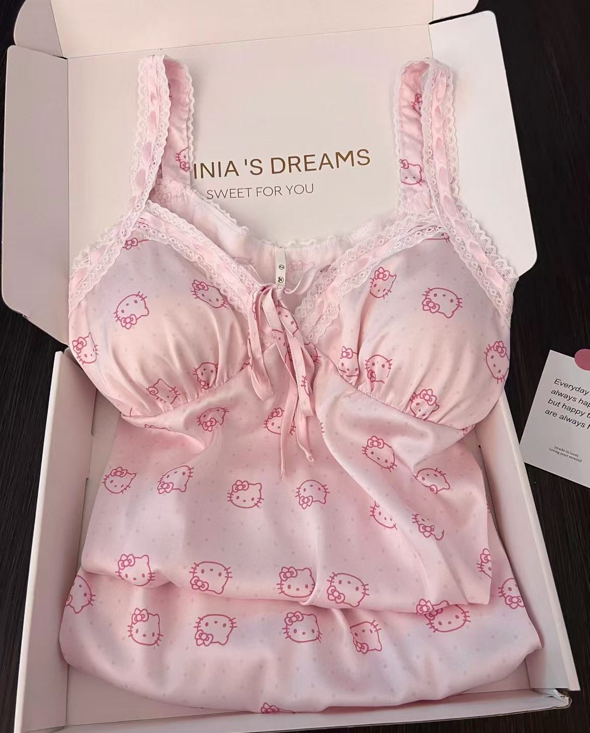 Hello Kitty Pink Lace Silk Nightgown, Sexy Camisole Nightgown