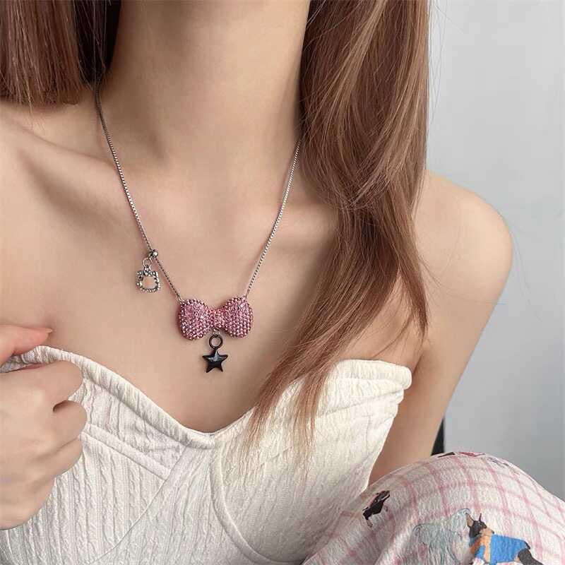 HK Pink Bow Collarbone Necklace