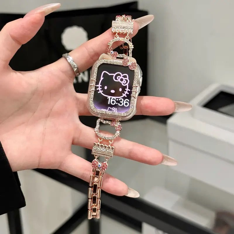 Hello Kitty Apple Watch Band Bling Diamond with Crystal Tempered Glass Screen Protector Case, iWatch Series