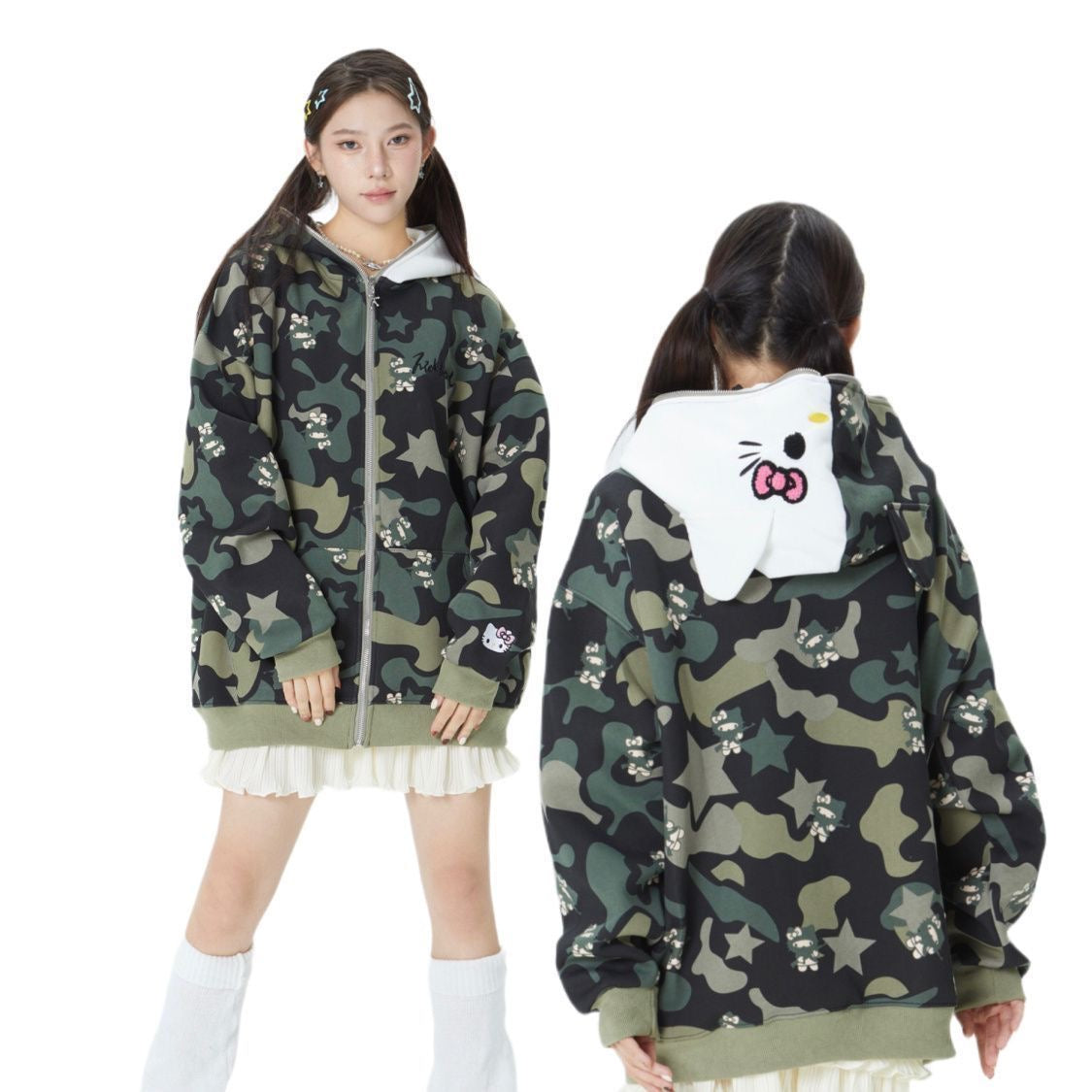 Hello Kitty Camouflage Hoodies Fall Jacket Oversized Casual Hoodie