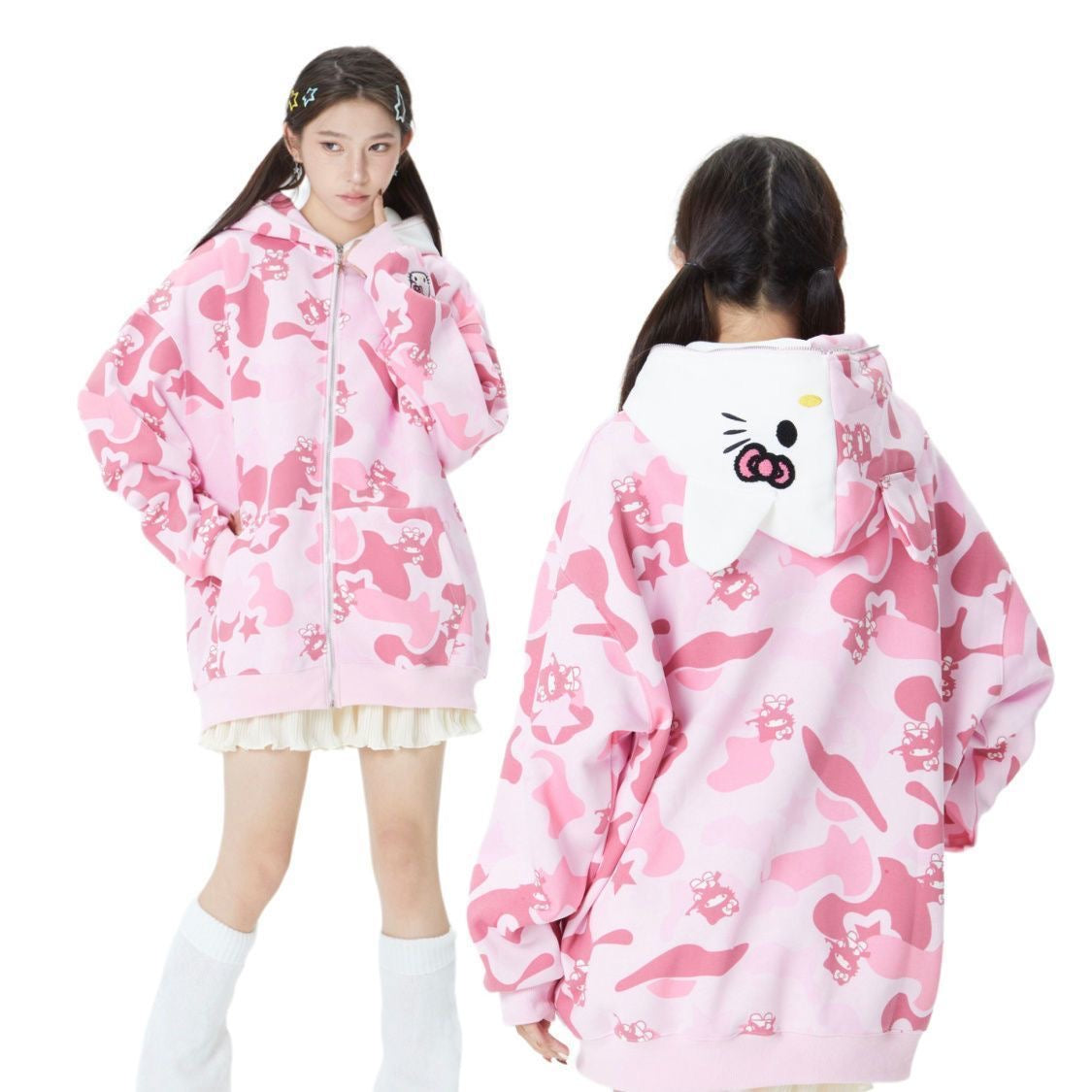 Hello Kitty Camouflage Hoodies Fall Jacket Oversized Casual Hoodie