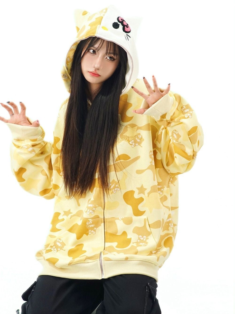 Hello Kitty Camouflage Hoodies Fall Jacket Oversized Casual Hoodie