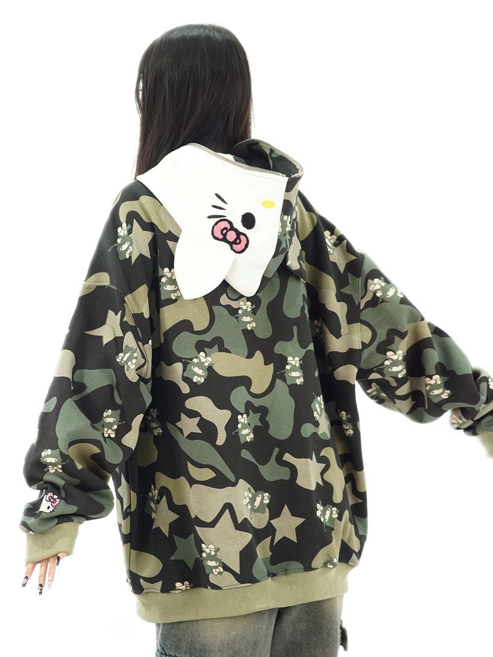 Hello Kitty Camouflage Hoodies Fall Jacket Oversized Casual Hoodie