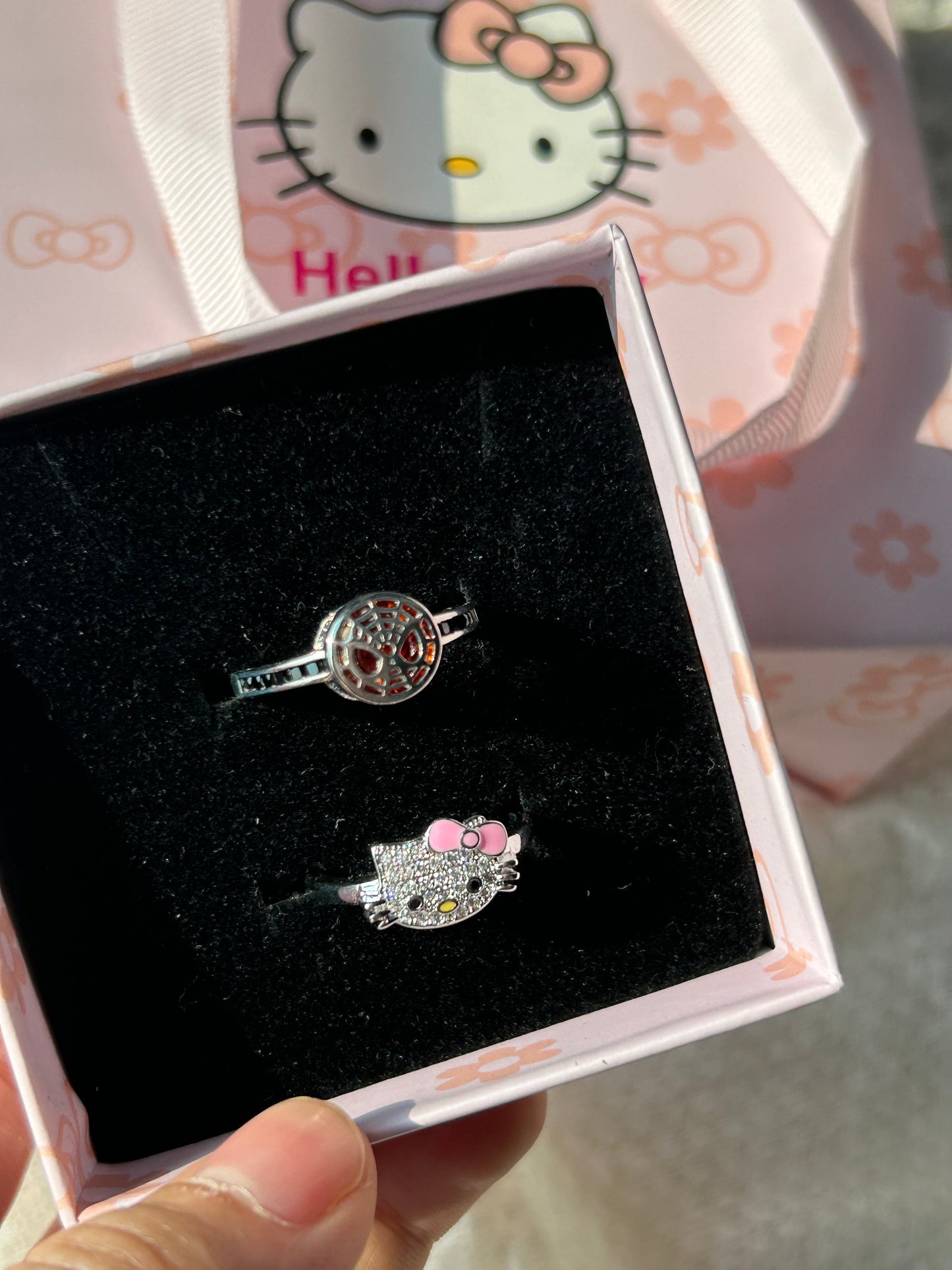 Kitty Kawaii x Spidey matching ring set with box