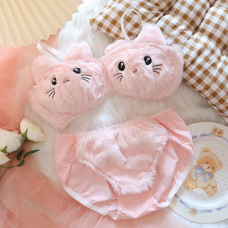 Cute plush bunny pattern wire-free bra and panty set
