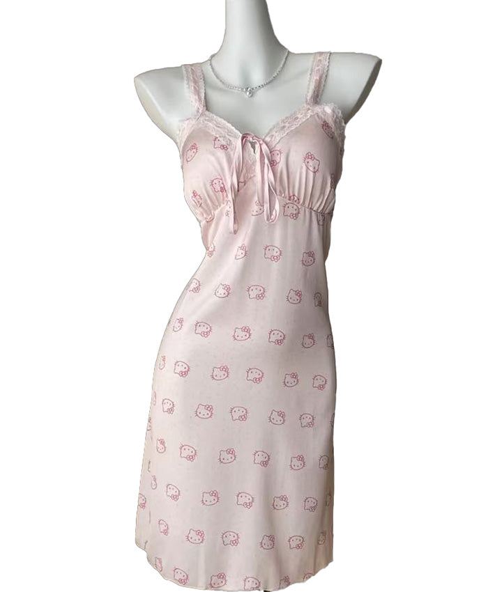 Hello Kitty Pink Lace Silk Nightgown, Sexy Camisole Nightgown