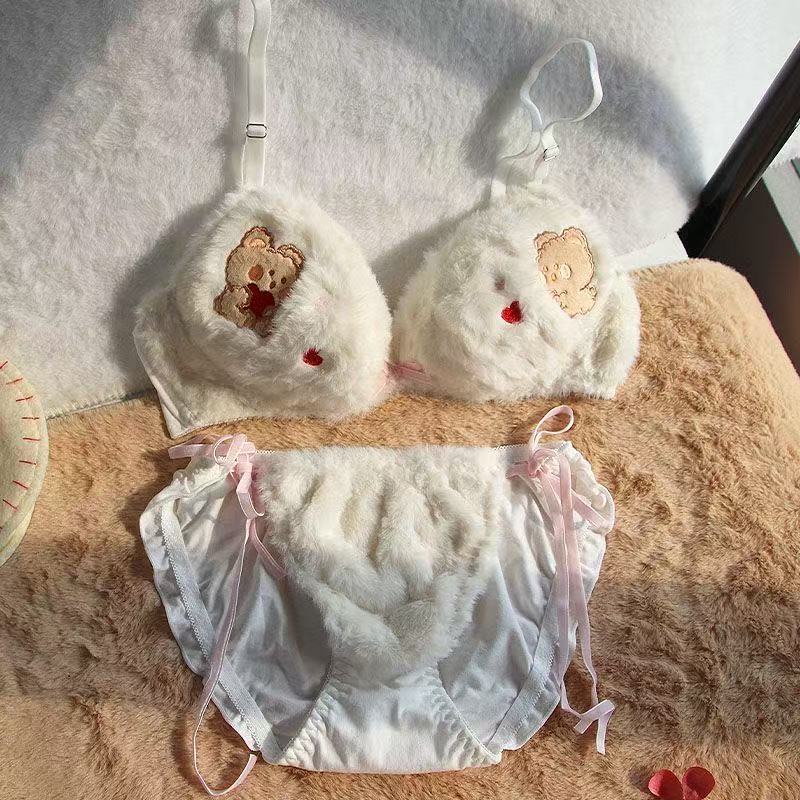 Womens 2pcs Bra Panty Set Bear Plush Bow Underwear Lingerie