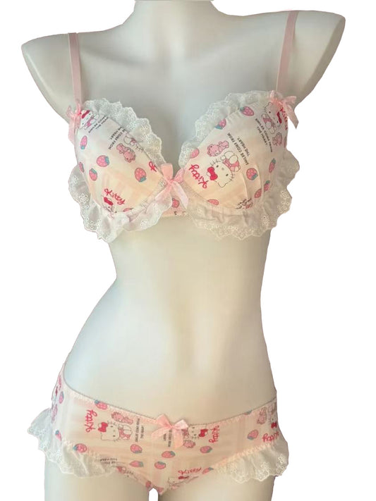 Hello kitty Lace Trim Cotton Underwire Bra Panties Lingerie Set