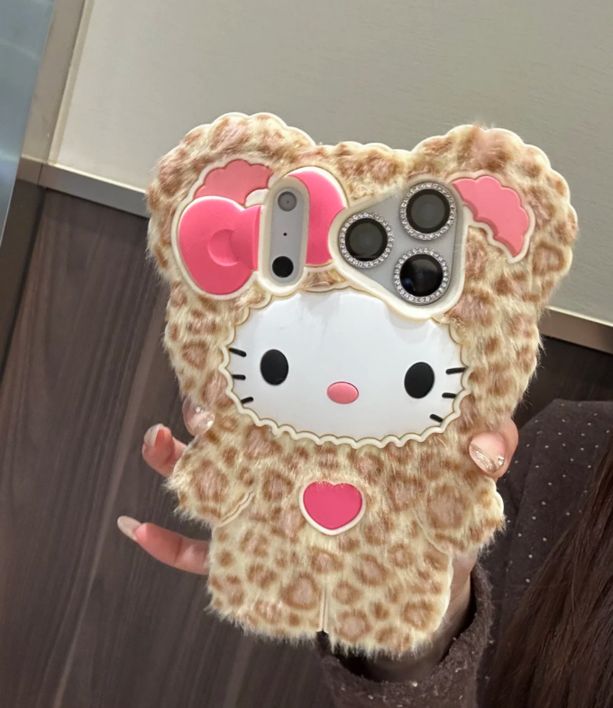 HK Cute Leopard-Print Plush Silicone Phone Case