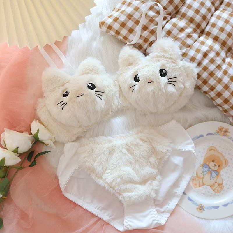Cute plush bunny pattern wire-free bra and panty set