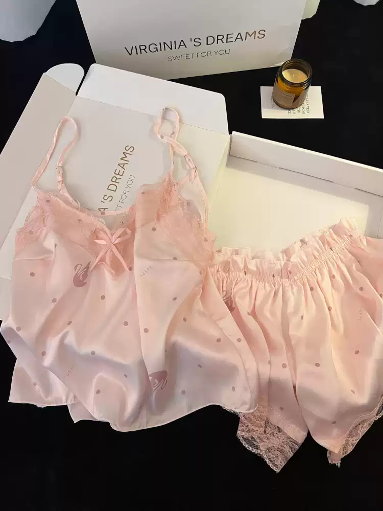 Pink lace-trimmed camisole shorts two-piece set