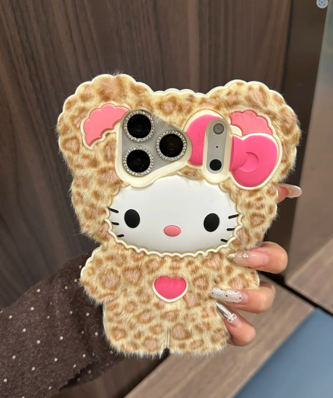 HK Cute Leopard-Print Plush Silicone Phone Case