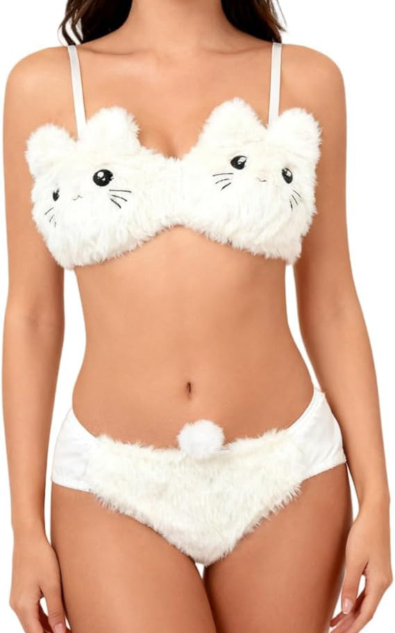 Cute plush bunny pattern wire-free bra and panty set