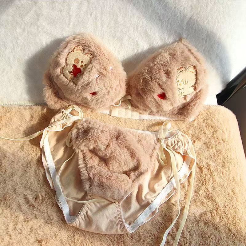 Womens 2pcs Bra Panty Set Bear Plush Bow Underwear Lingerie