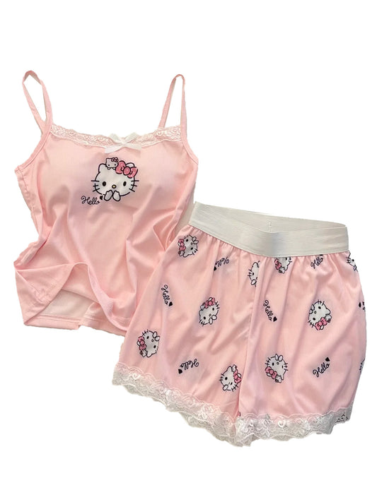 Hello Kitty Tank Top Shorts Sleep Set  Lingerie Sleepwear Pj Shorts Set Nightwear