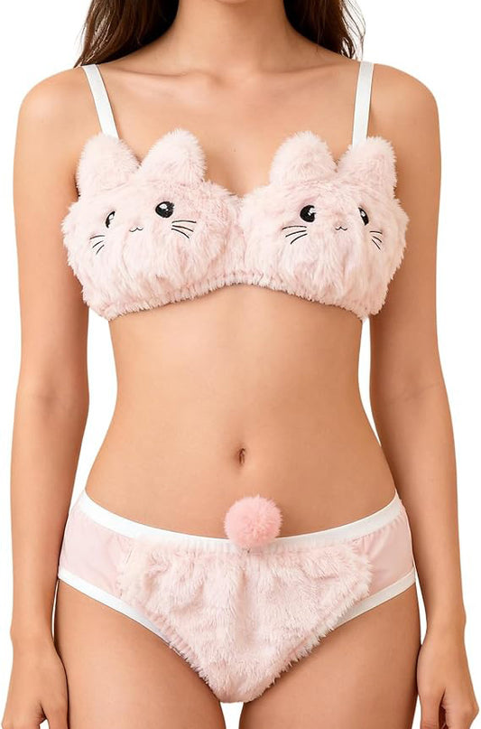 Cute plush bunny pattern wire-free bra and panty set