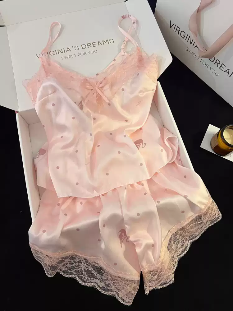 Pink lace-trimmed camisole shorts two-piece set