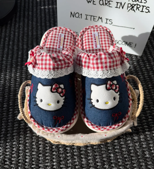 HK lace-trimmed slippers