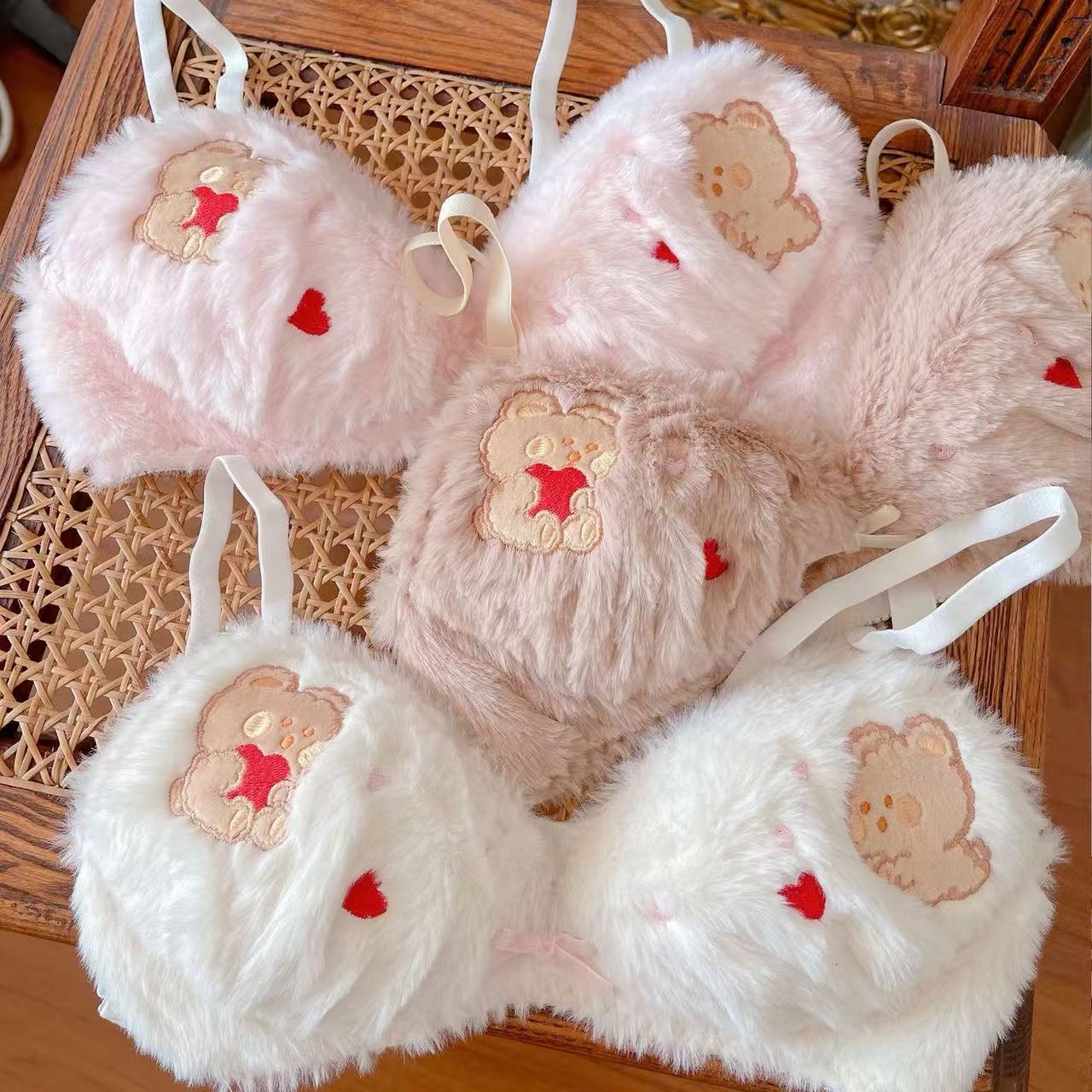 Womens 2pcs Bra Panty Set Bear Plush Bow Underwear Lingerie