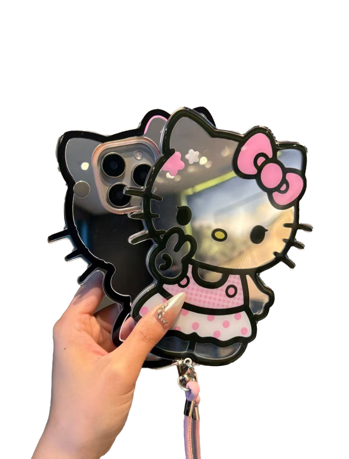 Hello Kitty Shaped Folding Mirror Phone Case with Strap