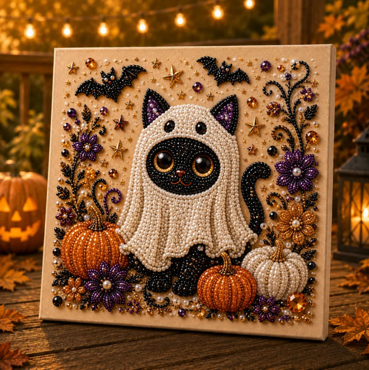 Halloween Ghost Pearl Art DIY Kit, Spooky Cute 3D Diamond-Painting Crafts
