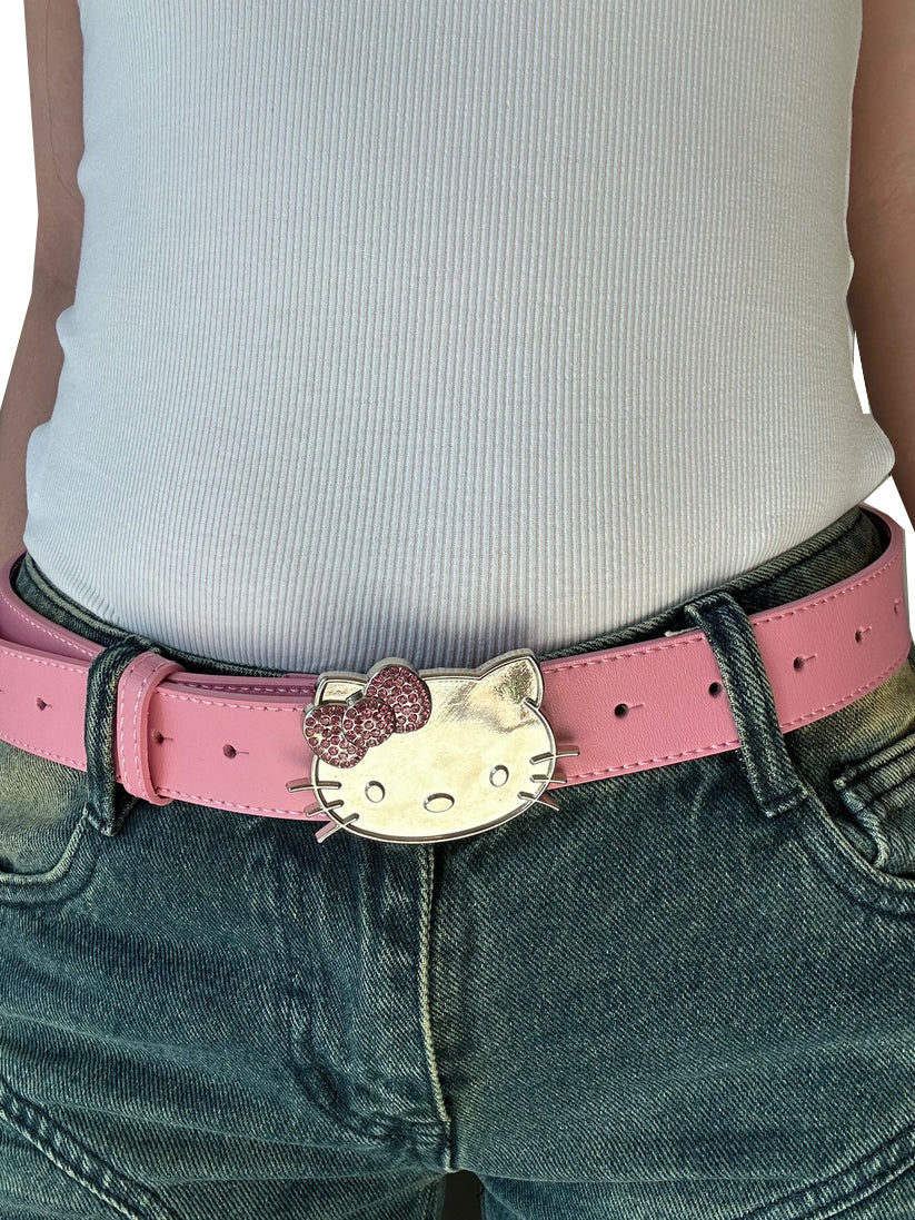 Kitty rhinestone belt Y2k belt women's denim leather belt