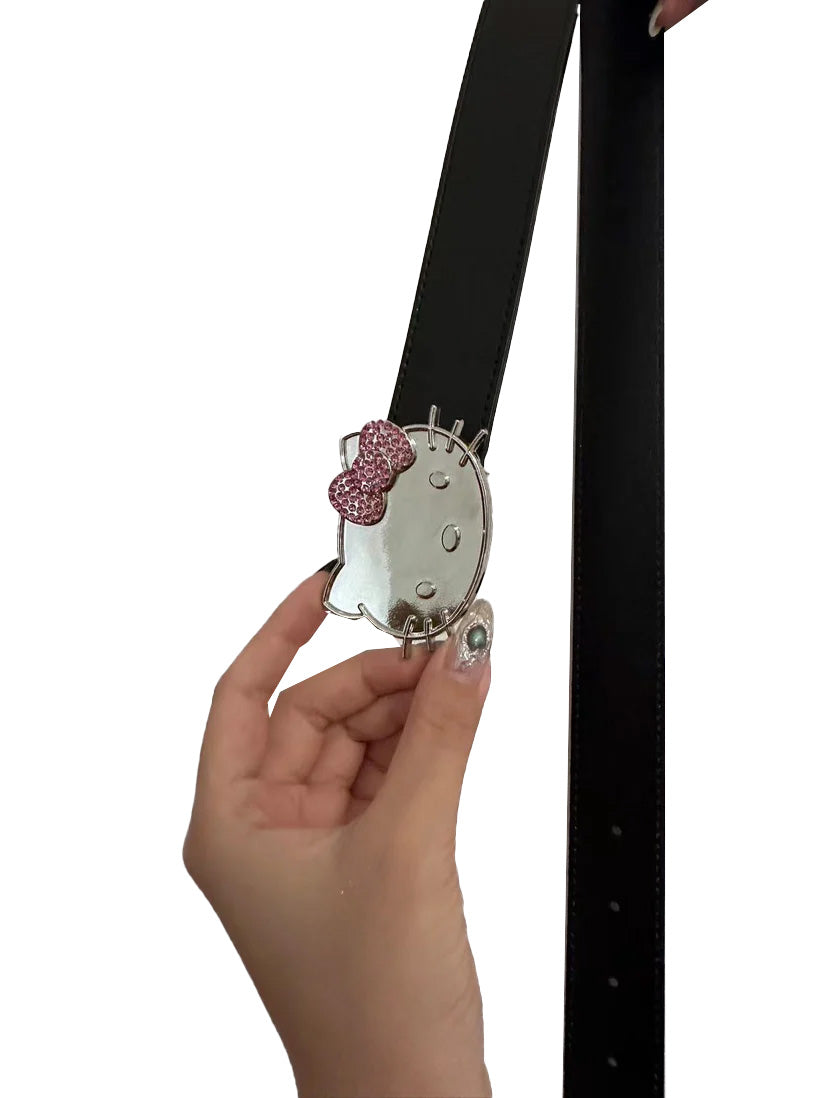 Kitty rhinestone belt Y2k belt women's denim leather belt