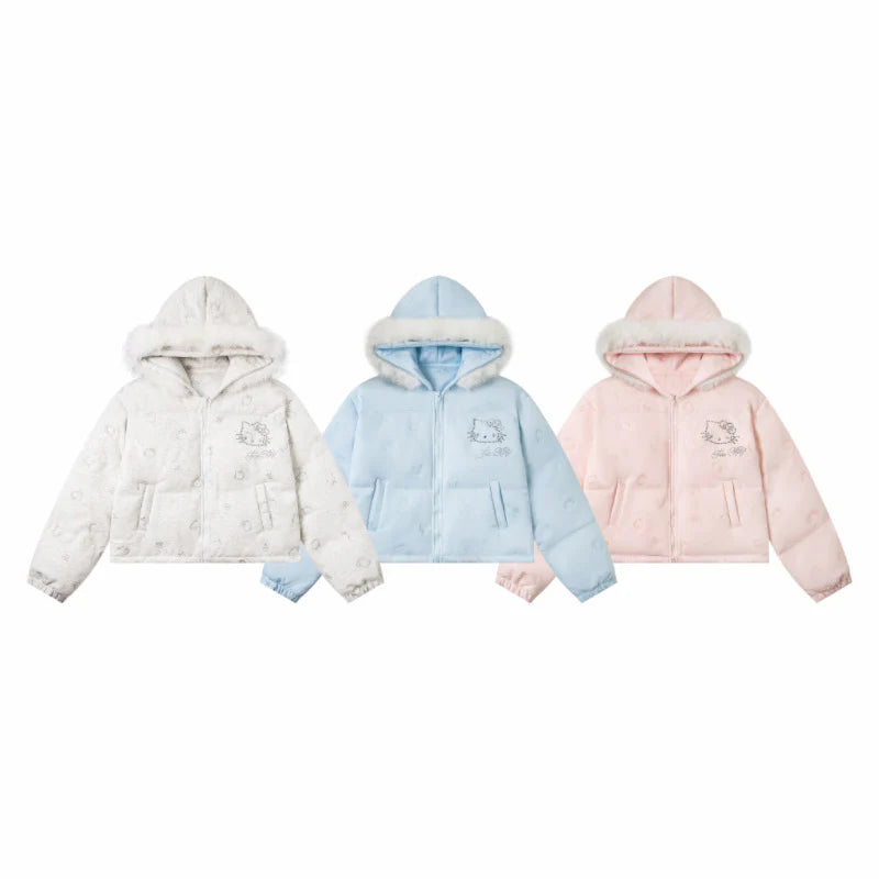 Hellokitty Winter Long Sleeve Zip Hooded Puffer Jacket Pockets Baggy Short Down Coat（Detachable hat fringe）
