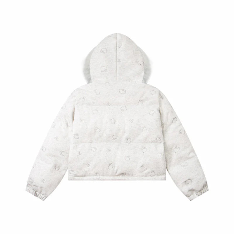 Hellokitty Winter Long Sleeve Zip Hooded Puffer Jacket Pockets Baggy Short Down Coat（Detachable hat fringe）