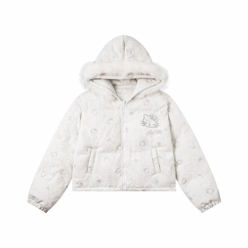 Hellokitty Winter Long Sleeve Zip Hooded Puffer Jacket Pockets Baggy Short Down Coat（Detachable hat fringe）