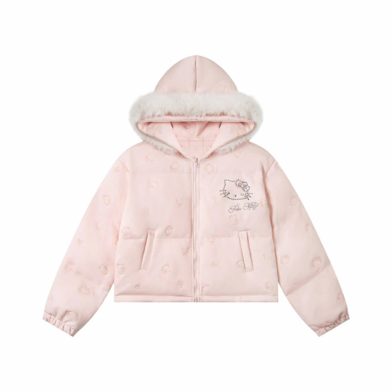 Hellokitty Winter Long Sleeve Zip Hooded Puffer Jacket Pockets Baggy Short Down Coat（Detachable hat fringe）
