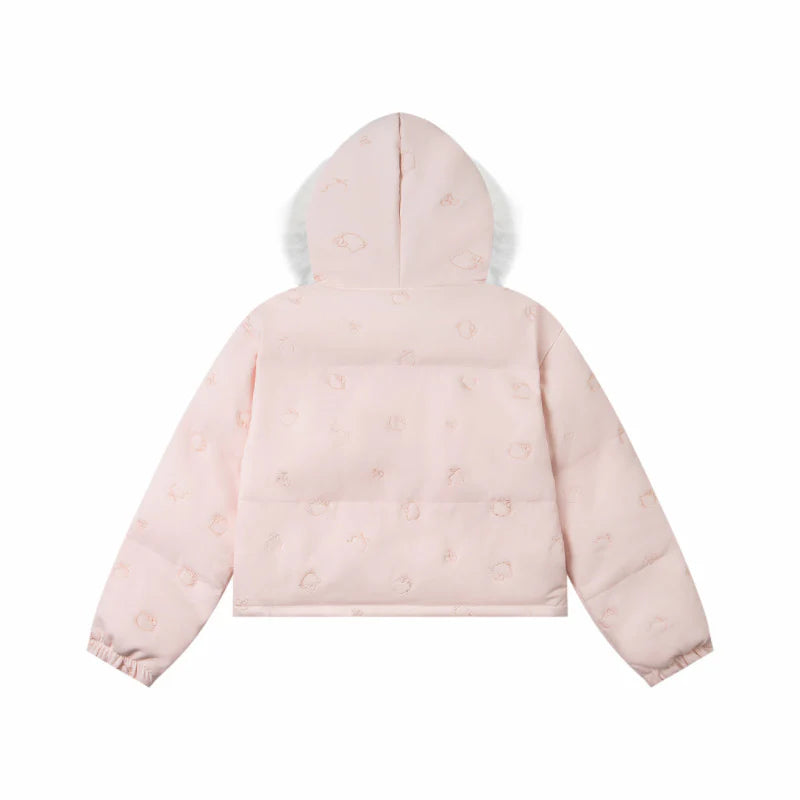 Hellokitty Winter Long Sleeve Zip Hooded Puffer Jacket Pockets Baggy Short Down Coat（Detachable hat fringe）