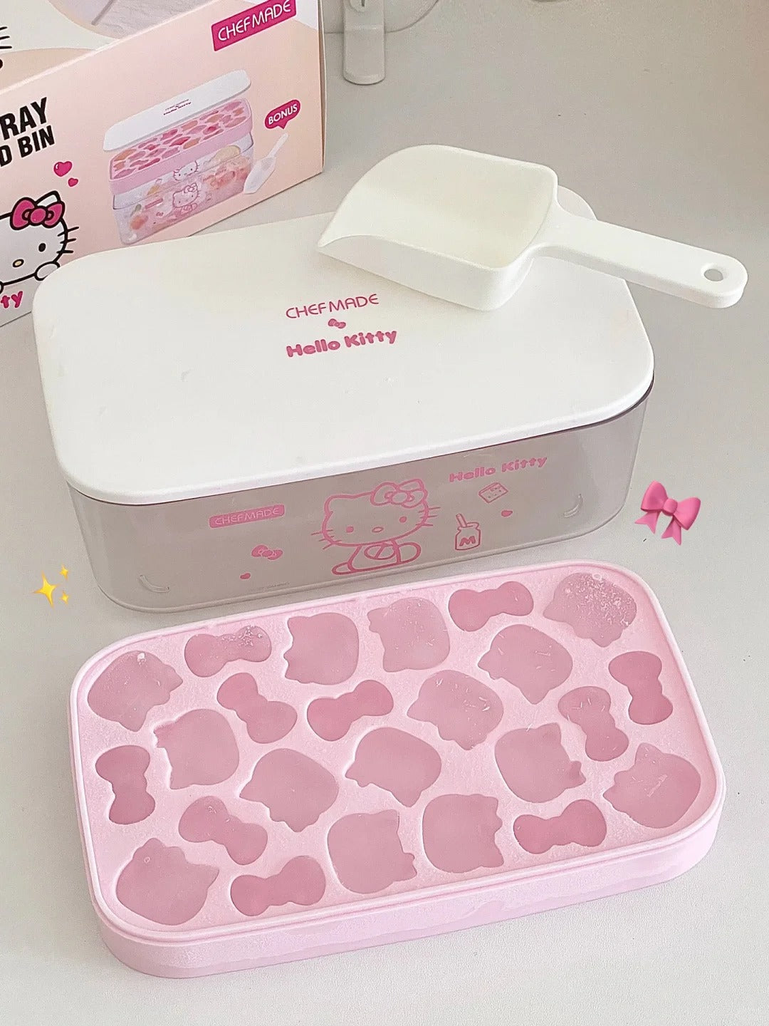 Hello Kitty Shaped Ice Cube Tray with Lid and Bin (with Scoop)