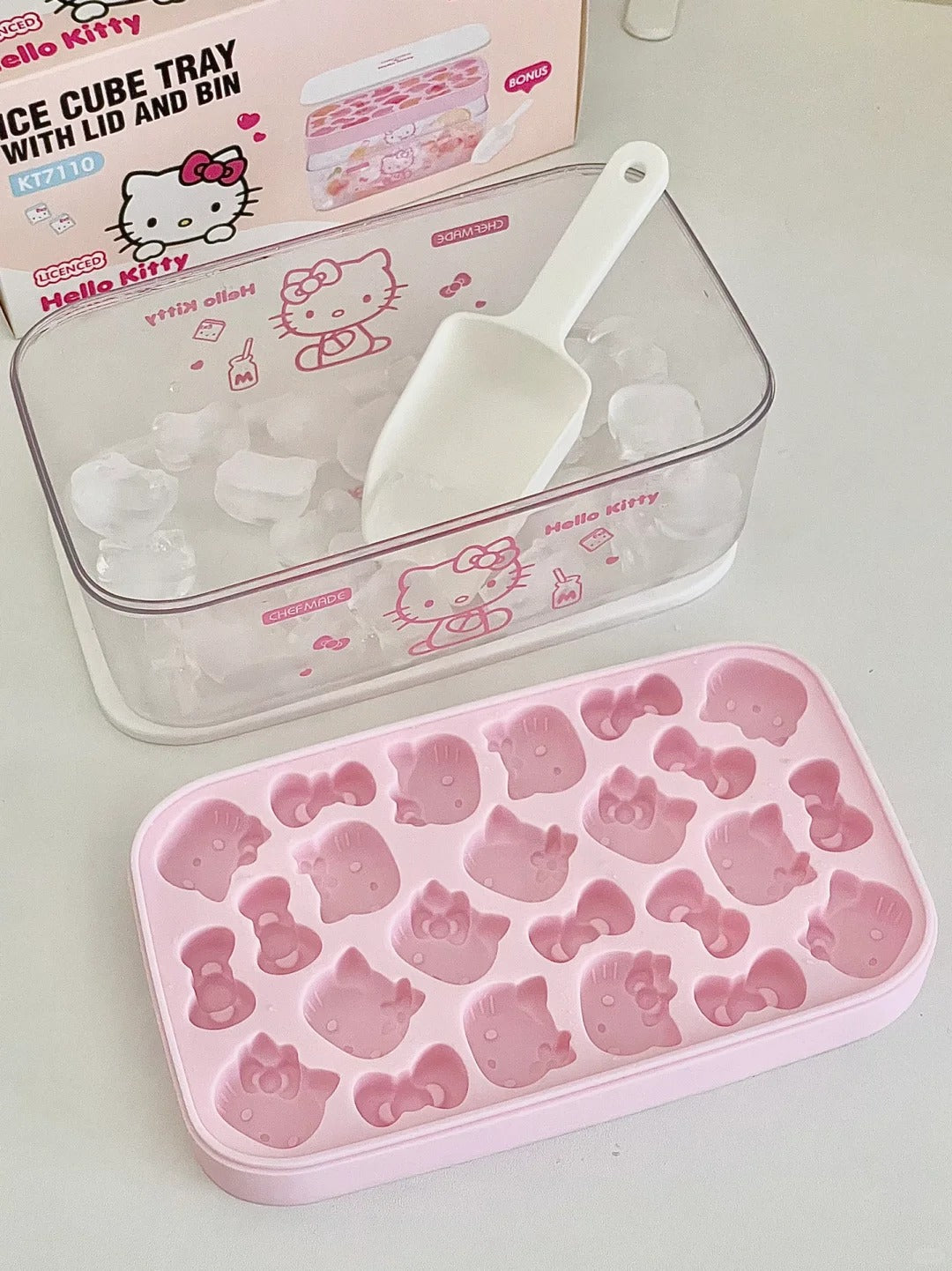 Hello Kitty Shaped Ice Cube Tray with Lid and Bin (with Scoop)