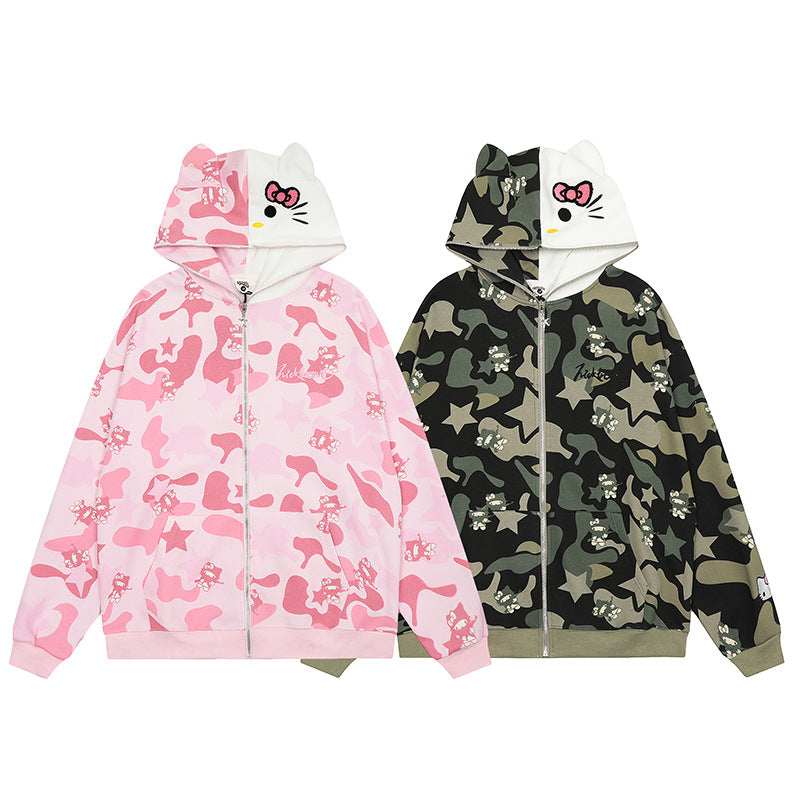 Hello Kitty Camouflage Hoodies Fall Jacket Oversized Casual Hoodie