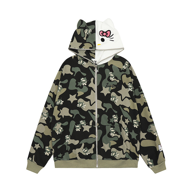 Hello Kitty Camouflage Hoodies Fall Jacket Oversized Casual Hoodie