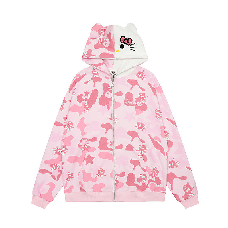 Hello Kitty Camouflage Hoodies Fall Jacket Oversized Casual Hoodie