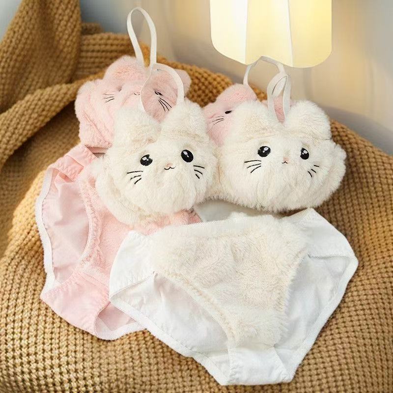 Cute plush bunny pattern wire-free bra and panty set