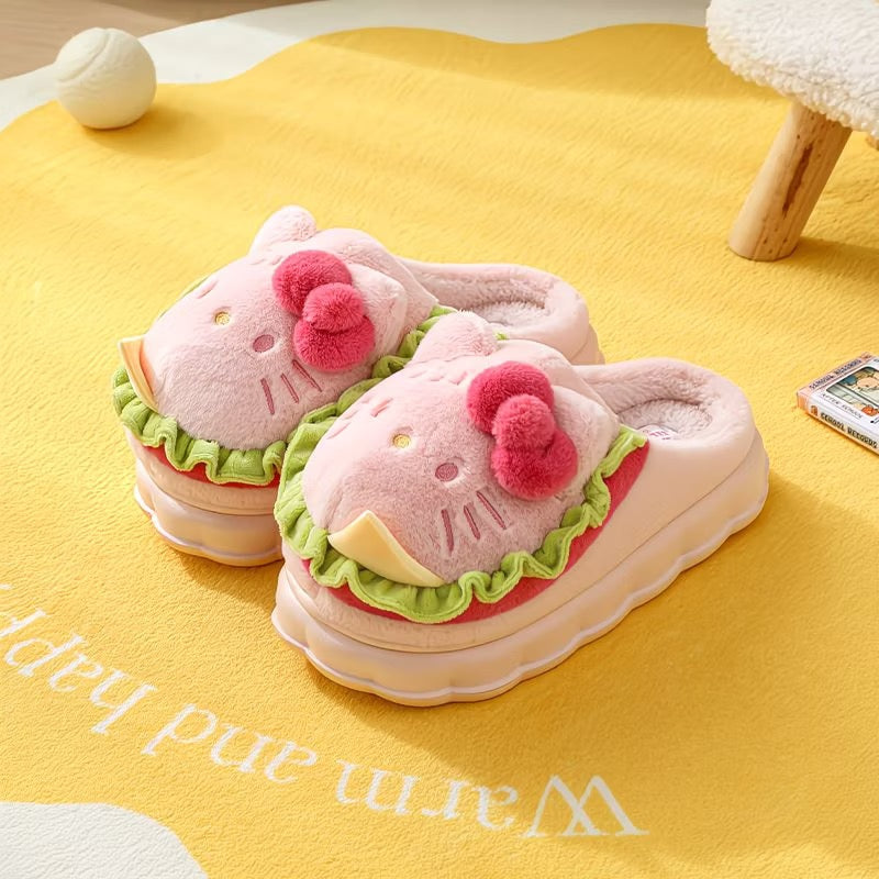 H K Hamburger Shape Slippers Fluffy Shoes