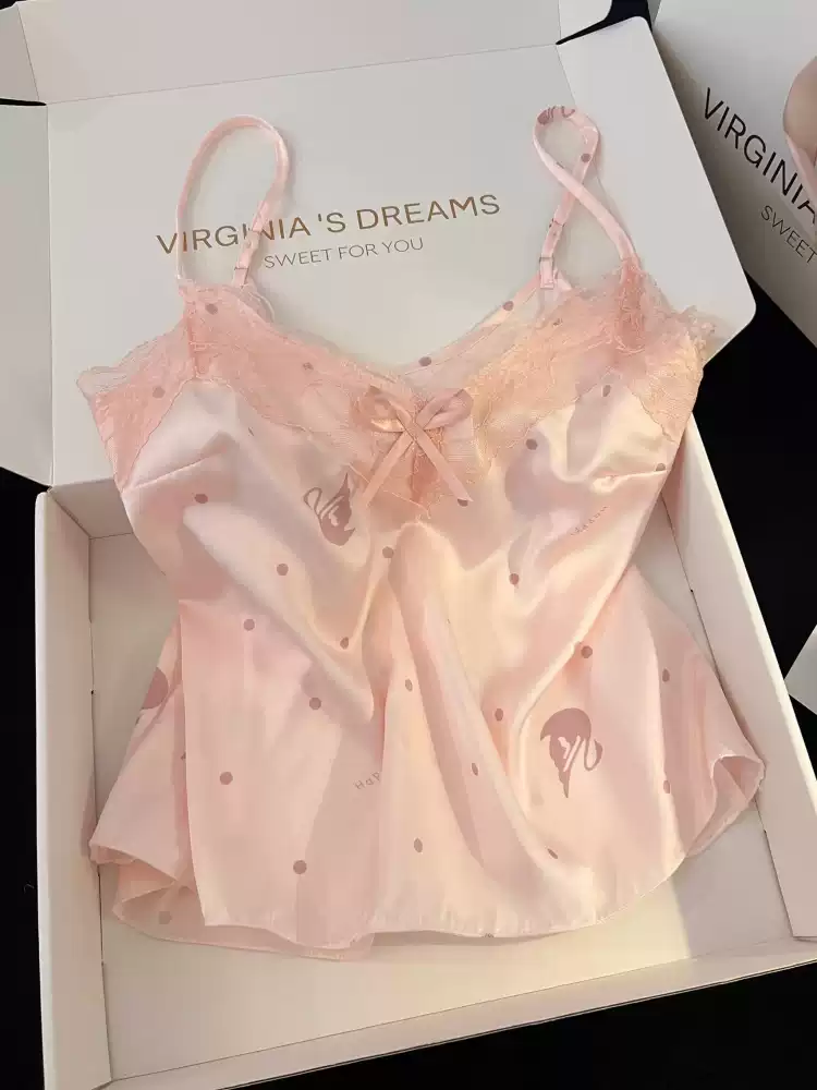 Pink lace-trimmed camisole shorts two-piece set